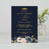 ネイビー赤面ピンクフローラバタフライキンセアニェラ 箔招待状 (立ち正面)