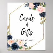 ネイビー赤面ピンクフローラフレームカードとギフトサイン ポスター (正面)