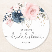 ネイビー赤面ピンクフローラブライダルシャワー ラウンドペーパーコースター (正面)