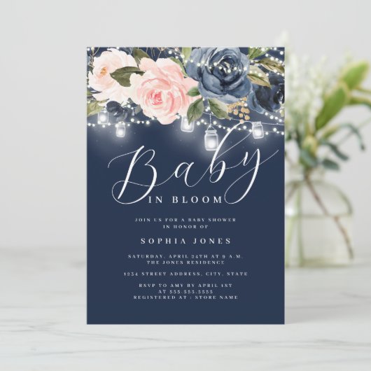 ネイビー赤面ピンクフローラベビーイン開花ベビーシャワー 招待状 (スタンド正面)