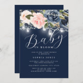 ネイビー赤面ピンクフローラベビーイン開花ベビーシャワー 招待状 (正面/裏面)