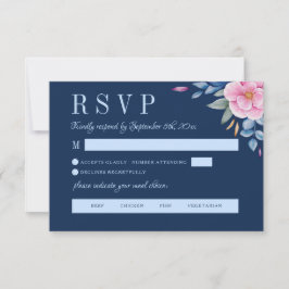 ネイビー赤面ピンクフローラモノグラムミール選択 出欠カード