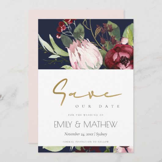 ネイビー赤面ピンクブルゴーニュプロテアフローラ水彩 セーブザデート (正面/裏面)