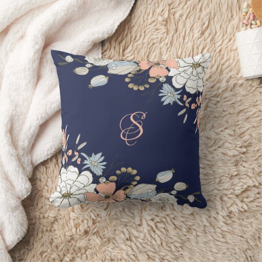 ネイビー赤面ピンクブルーフローラモノグラムパーソナライズされた クッション (ブランケット)
