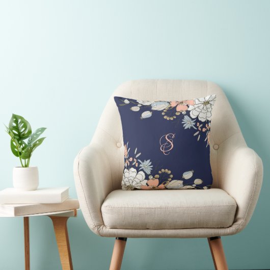 ネイビー赤面ピンクブルーフローラモノグラムパーソナライズされた クッション (椅子)