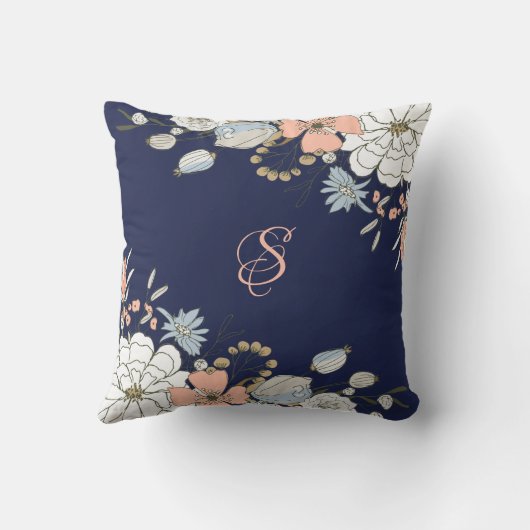 ネイビー赤面ピンクブルーフローラモノグラムパーソナライズされた クッション (裏面)