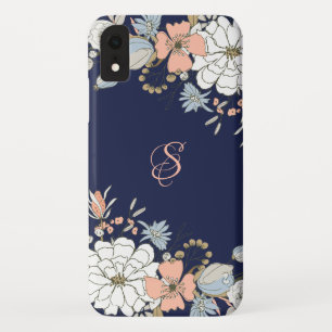 ネイビー赤面ピンクブルーフローラ iPhone XRケース
