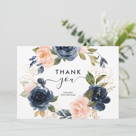 ネイビー赤面ピンクベビーシャワーフローラリース サンキューカード (スタンド正面)