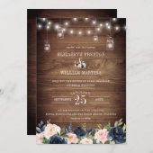 ネイビー赤面ピンク素朴フローラバーンウッド結婚ズ 招待状 (正面/裏面)