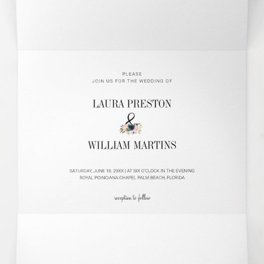 ネイビー赤面ピンク結婚フローラの写真RSVP QRコード 三つ折り招待状 (内部中)