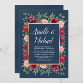 ネイビー赤面ピンク金ゴールドブルゴーニュ結婚式招待状 招待状 (正面/裏面)