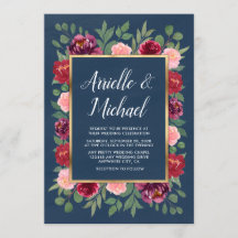 ネイビー赤面ピンク金ゴールドブルゴーニュ結婚式招待状
