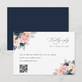 ネイビー赤面ピンクQRコード結婚式RSVPカード 出欠カード