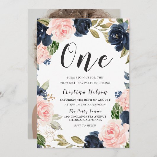 ネイビー赤面フラワーズ1st誕生日パーティー少年または女の子 招待状 (正面/裏面)