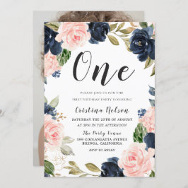 ネイビー赤面フラワーズ1st誕生日パーティー少年または女の子 招待状