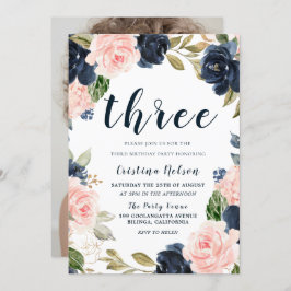 ネイビー赤面フラワーズ3rd誕生日パーティー少年または女の子 招待状