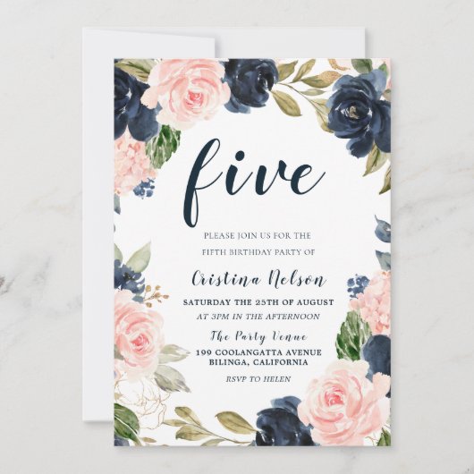 ネイビー赤面フラワーズ4th 5th子供誕生日 招待状 (正面)