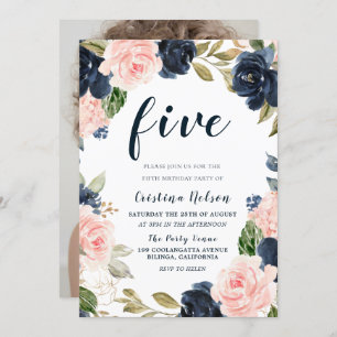 ネイビー赤面フラワーズ4th 5th子供誕生日 招待状