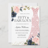 ネイビー赤面フラワーズ50誕生日フィフティ&ファブラス 招待状 (正面)