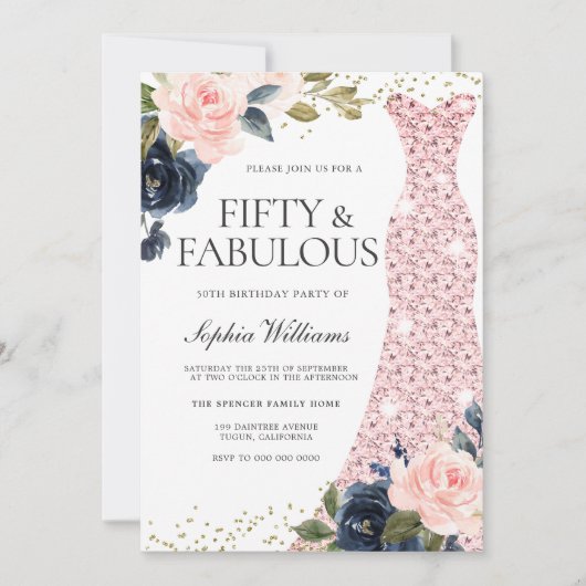 ネイビー赤面フラワーズ50誕生日フィフティ&ファブラス 招待状 (正面)