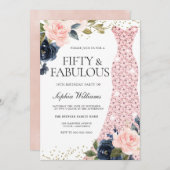 ネイビー赤面フラワーズ50誕生日フィフティ&ファブラス 招待状 (正面/裏面)
