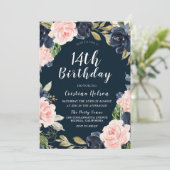 ネイビー赤面フローラガールズボーイズ14thバースデーパーティー 招待状 (スタンド正面)