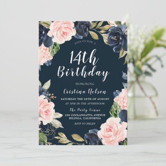 ネイビー赤面フローラガールズボーイズ14thバースデーパーティー 招待状 (スタンド正面)