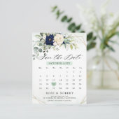 ネイビー赤面フローラグリーナリー幾何学日付を保存 案内ポストカード (スタンド正面)