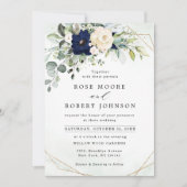 ネイビー赤面フローラグリーナリー結婚幾何学模様 招待状 (正面)