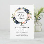 ネイビー赤面フローラグリーンリ葉ーブライダルシャワー 招待状 (スタンド正面)