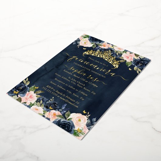 ネイビー赤面フローラゴールデンバタフライキンセアニェラ 箔招待状 (回転した状態)