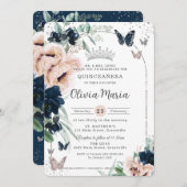 ネイビー赤面フローラシルバー蝶キンチェニェラ 招待状 (正面/裏面)