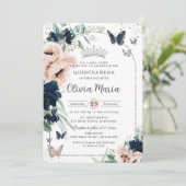 ネイビー赤面フローラシルバー蝶キンチェニェラ 招待状 (スタンド正面)