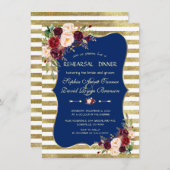 ネイビー赤面フローラストライプ金ゴールドリハーサルディナー 招待状 (正面/裏面)