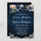 ネイビー赤面フローラストリングライト婚約パーティ 招待状 (正面/裏面)