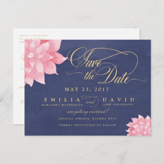 ネイビー赤面フローラダリア日付はがきを保存 案内ポストカード (正面/裏面)