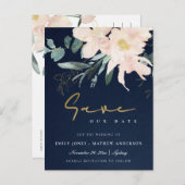 ネイビー赤面フローラバンチ水の色の保存日付 案内ポストカード (正面/裏面)