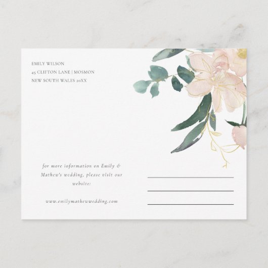 ネイビー赤面フローラバンチ水の色の保存日付 案内ポストカード (裏面)