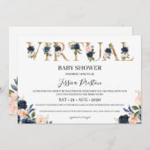 ネイビー赤面フローラバーチャルベビーシャワー 招待状 (正面/裏面)