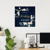 ネイビー赤面フローラフレーム水結婚色の歓迎 ポスター (ホームオフィス)