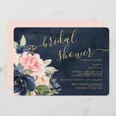 ネイビー赤面フローラブライダルシャワー招待 招待状 (正面/裏面)