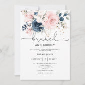 ネイビー赤面フローラブランチと泡立つブライダルシャワー 招待状 (正面)