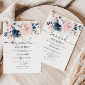 ネイビー赤面フローラブランチと泡立つブライダルシャワー 招待状
