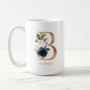 ネイビー赤面フローラモノグラム文字「B」 パーソナライズされた コーヒーマグカップ