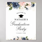 ネイビー赤面フローラ卒業パーティー歓迎サイン ポスター (正面)