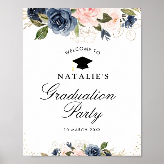 ネイビー赤面フローラ卒業パーティー歓迎サイン ポスター (正面)