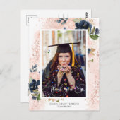 ネイビー赤面フローラ卒業写真ありがとう ポストカード (正面/裏面)