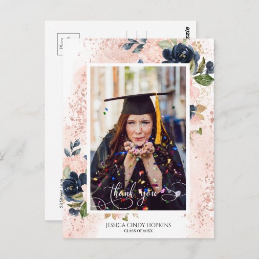 ネイビー赤面フローラ卒業写真ありがとう ポストカード (正面/裏面)