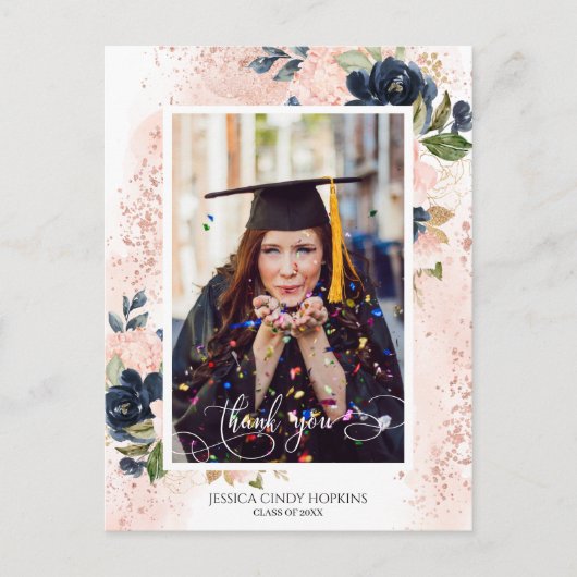 ネイビー赤面フローラ卒業写真ありがとう ポストカード (正面)