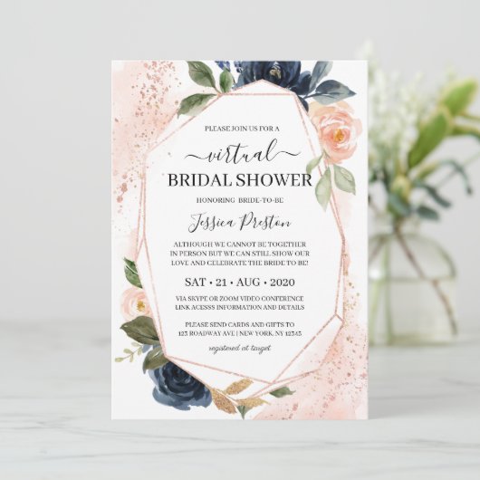 ネイビー赤面フローラ幾何学的バーチャルブライダルシャワー 招待状 (スタンド正面)